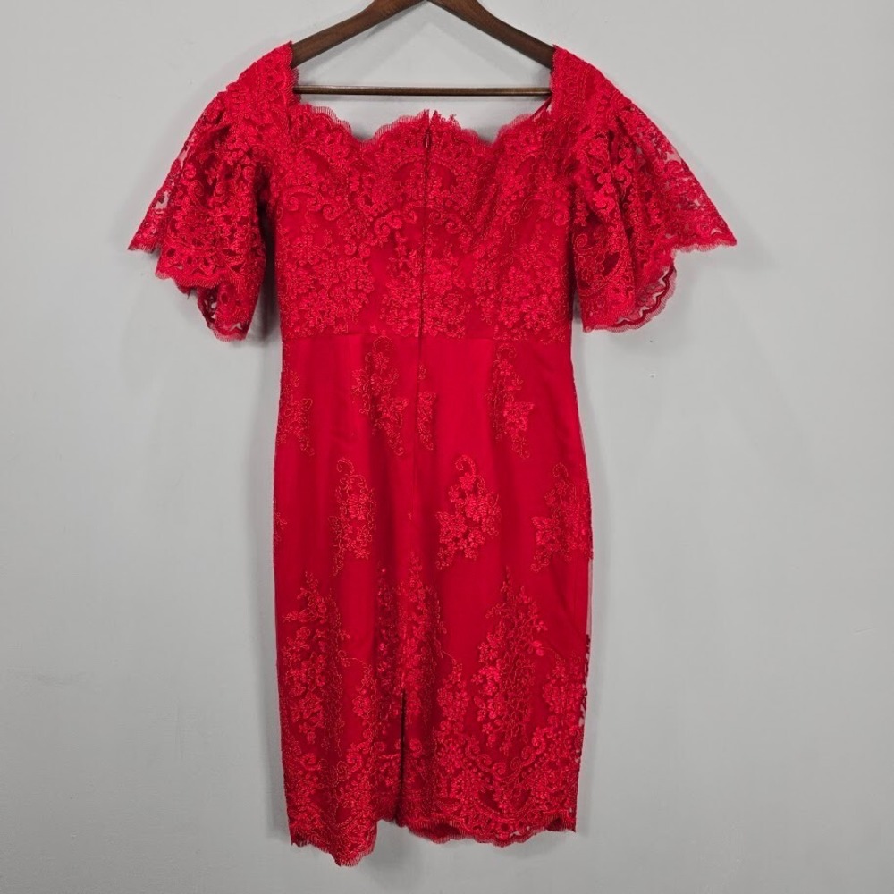 Badgley Mischka Sheath‎ Dress 8 Red Lace Flutter Sleeves Cocktail Romantic - Picture 8 of 16